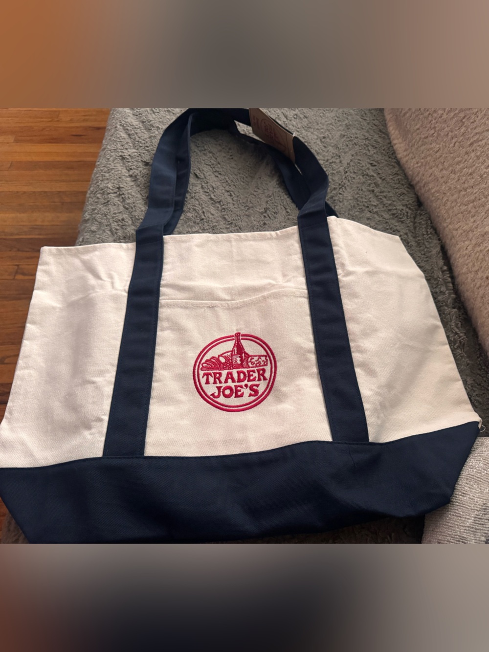 Trader Joe's White and Navy Canvas Tote Bag